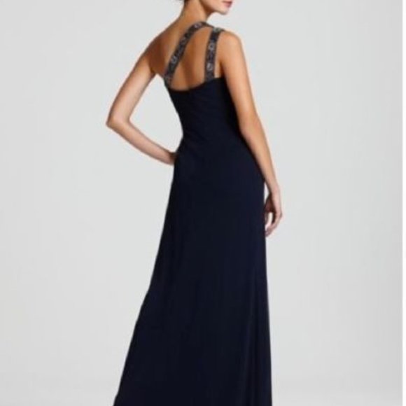 David Meister ~ Navy Jeweled Strappy One Shoulder Jersey Formal Gown Size 2 - Picture 2 of 6